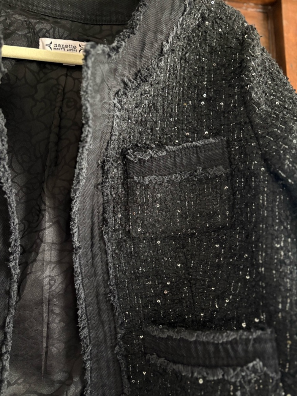 Nanette Lepore Black Frayed Sequined Boucle Tweed Blazer with Denim Trim - Picture 5 of 8